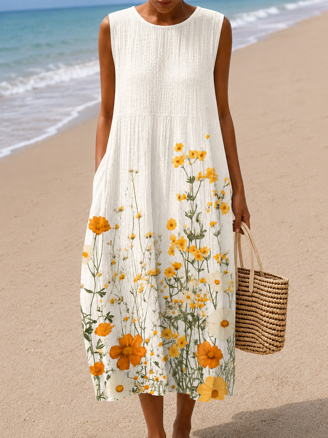 Wildflower Print Scoop Neck Sleeveless Midi Dress 2