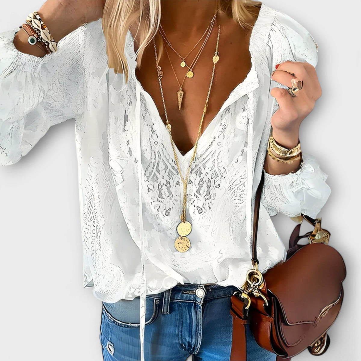 Lace V-Neck Tie Neck Long Sleeve Boho Blouse