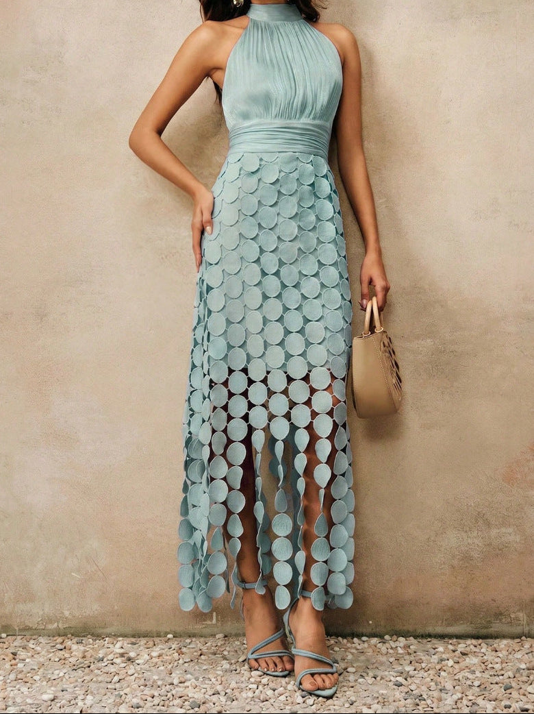 Halter Neck Ruched Disc Cut Out Fringe Hem Maxi Dress 4