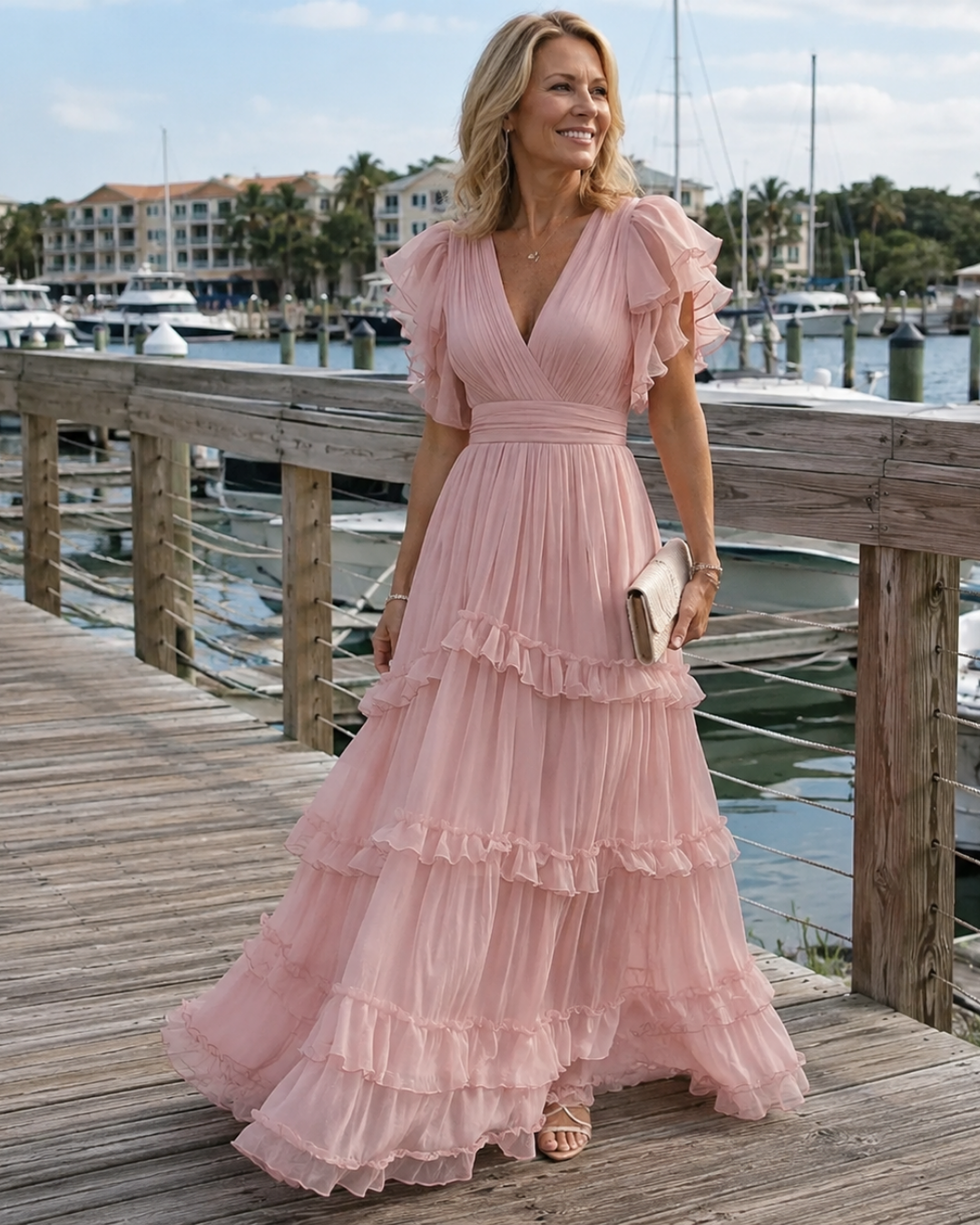 V-Neck Flutter Sleeve Tiered Ruffle Maxi Gown