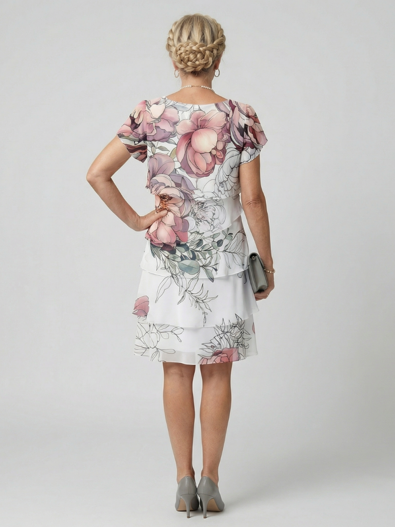 Watercolor Floral Flutter Sleeve Tiered Knee Length Dress 4