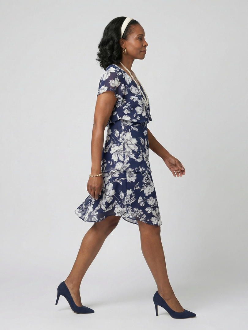 Floral Short Sleeve Tiered Knee Length Dress 2