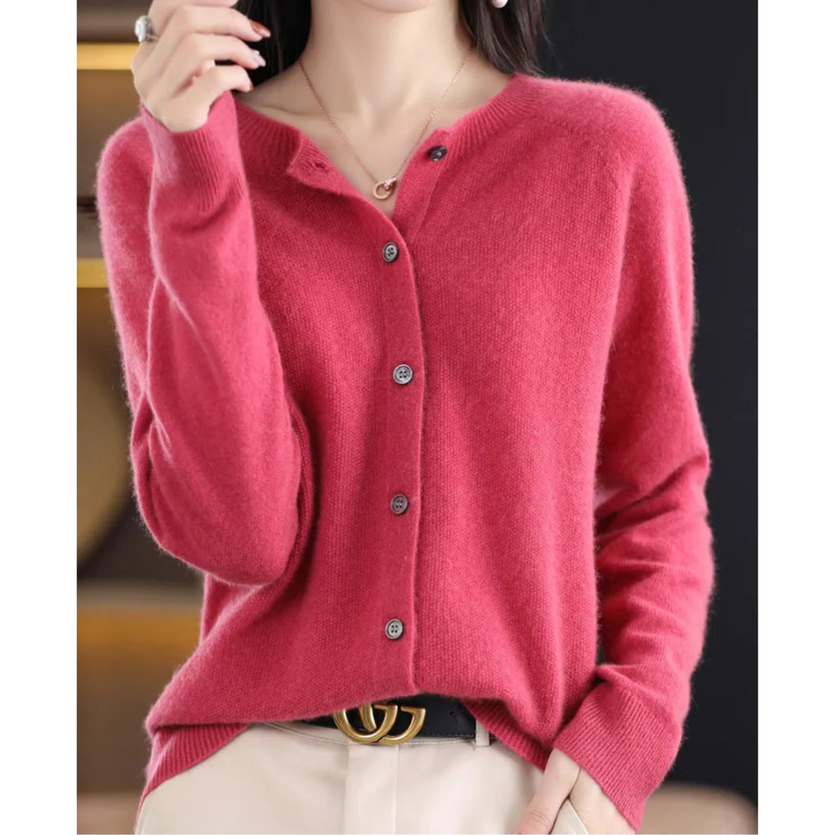 Round Neck Button Front Long Sleeve Knit Cardigan 2