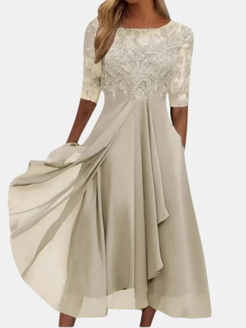 Lace Bodice Illusion Neckline 3/4 Sleeve Chiffon A-Line Tea Length Dress 4