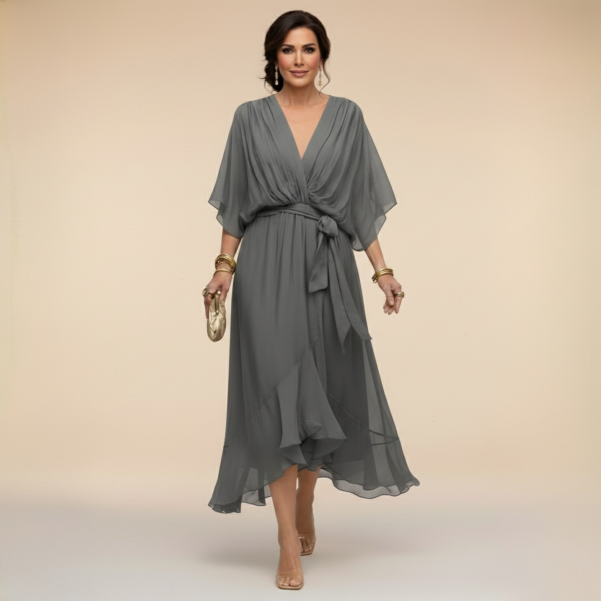Chiffon V-Neck Flutter Sleeve Tie Waist Ruffle Hem Midi Dress 8