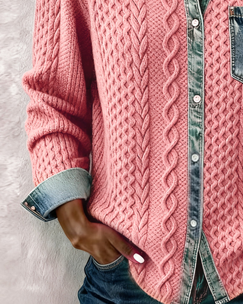 Collared Button Front Cable Knit Denim Contrast Shirt 6