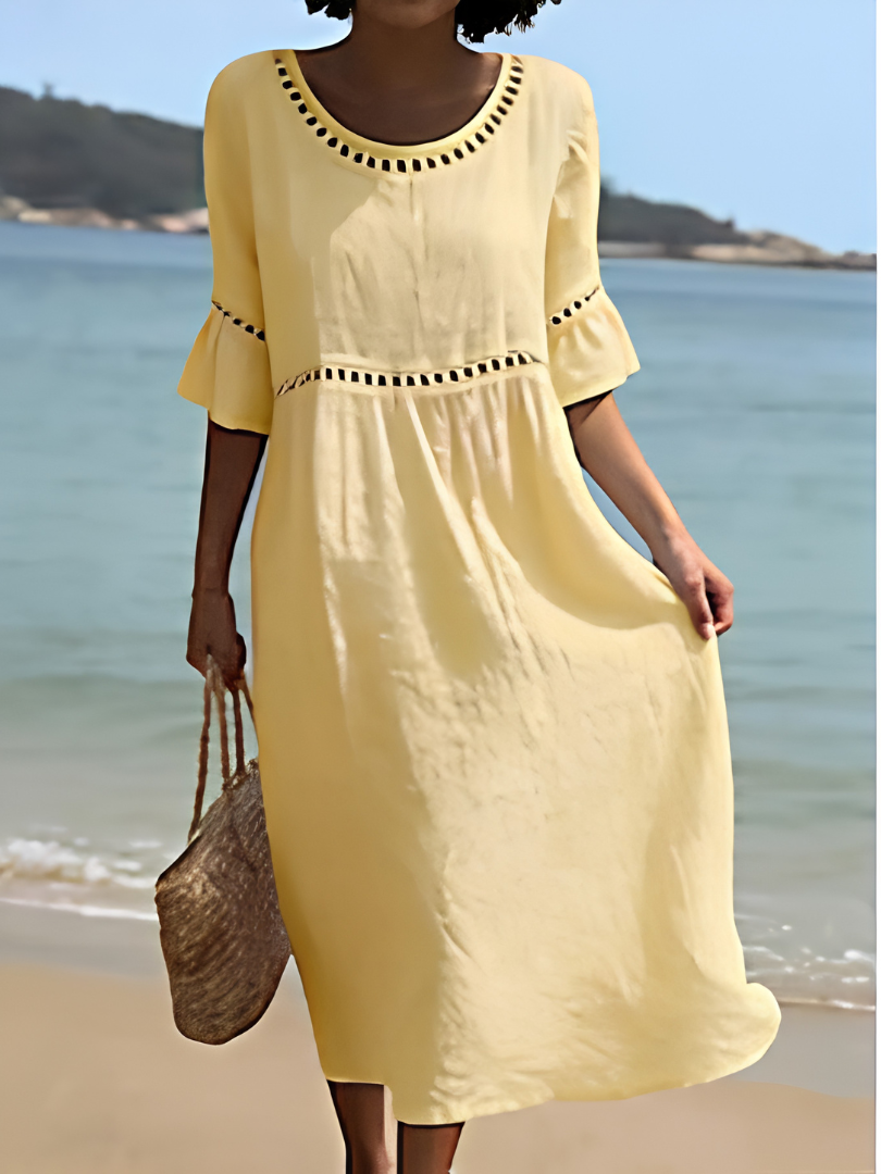 Round Neck Crochet Trim Flare Sleeve Beach Midi Dress 3