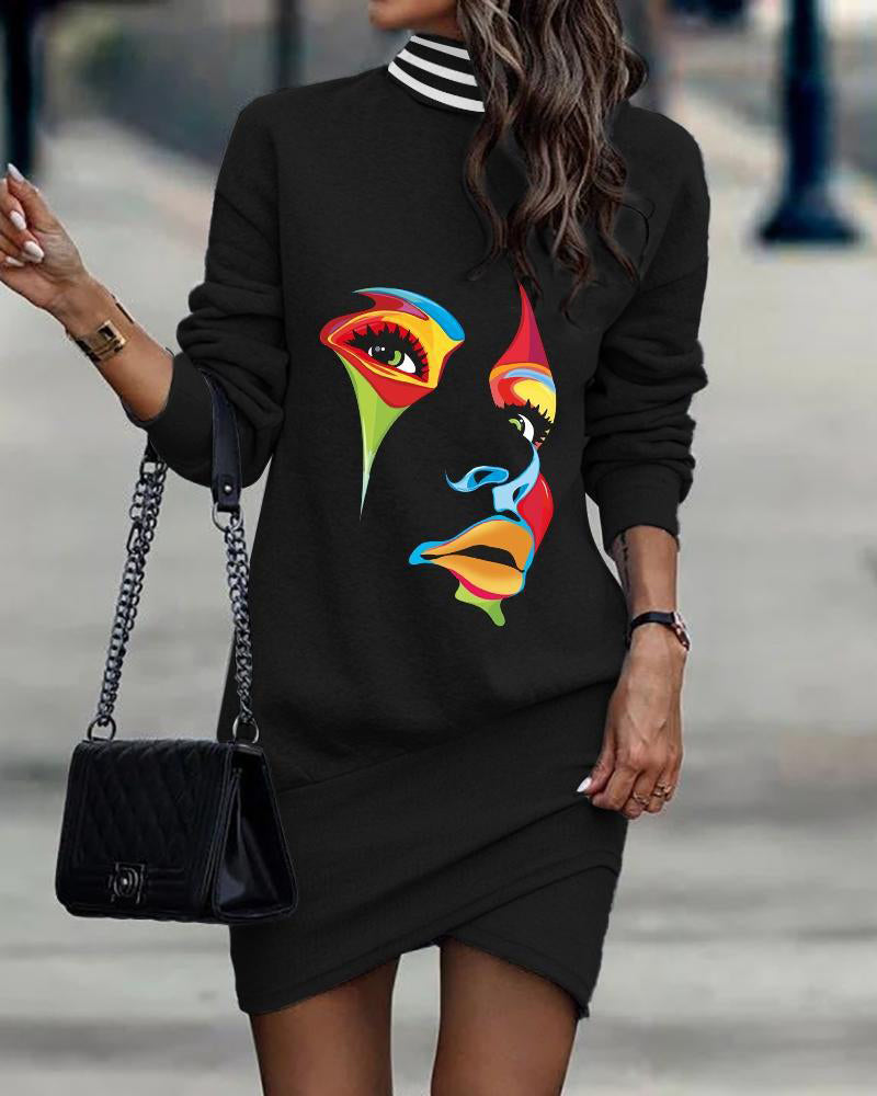 Mock Neck Long Sleeve Geometric Print Wrap Hem Bodycon Mini Dress - View 5