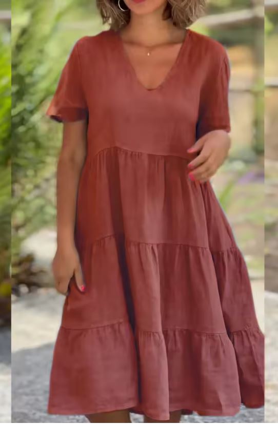 V-Neck Short Sleeve Tiered Midi Dress 4