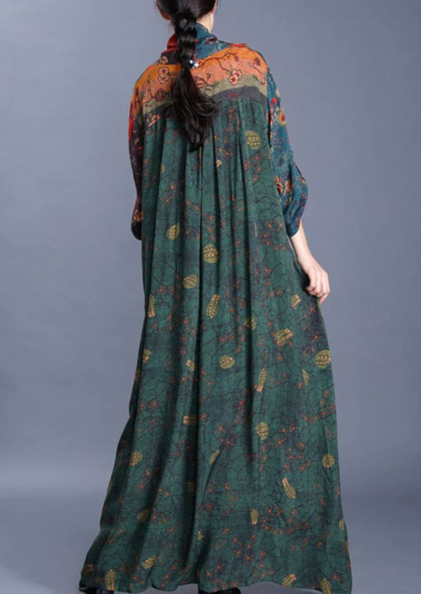 Floral Patchwork V-Neck Knotted Front Long Sleeve Maxi Dress - View 2