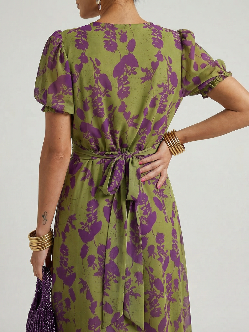 Floral Deep V-Neck Puff Sleeve Wrap Midi Dress 4