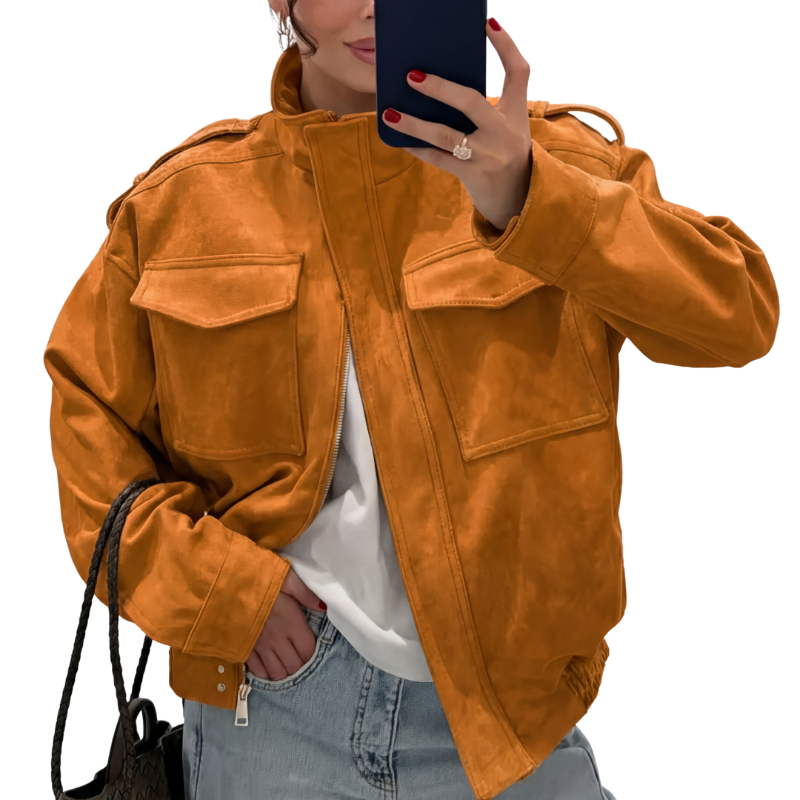 Stand Collar Flap Pocket Zip Front Suede Look Bomber Jacket 4