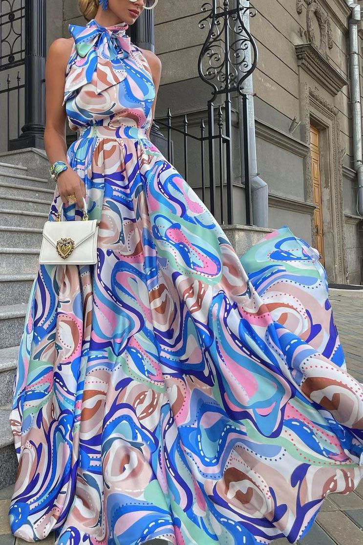 Halter Tie Neck Sleeveless Flowy Maxi Dress - View 6