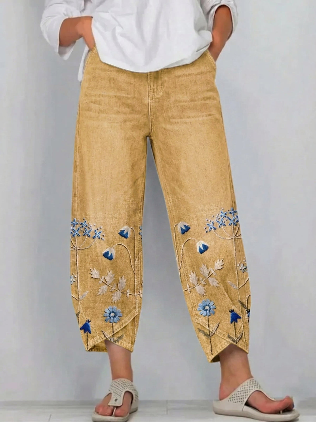 Floral Embroidered Wide Leg Cropped Denim Trousers 3