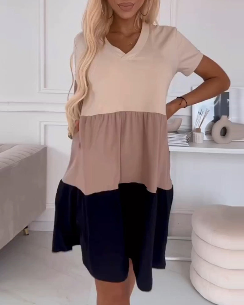 Color Block V-Neck Short Sleeve Tiered Mini Dress 13