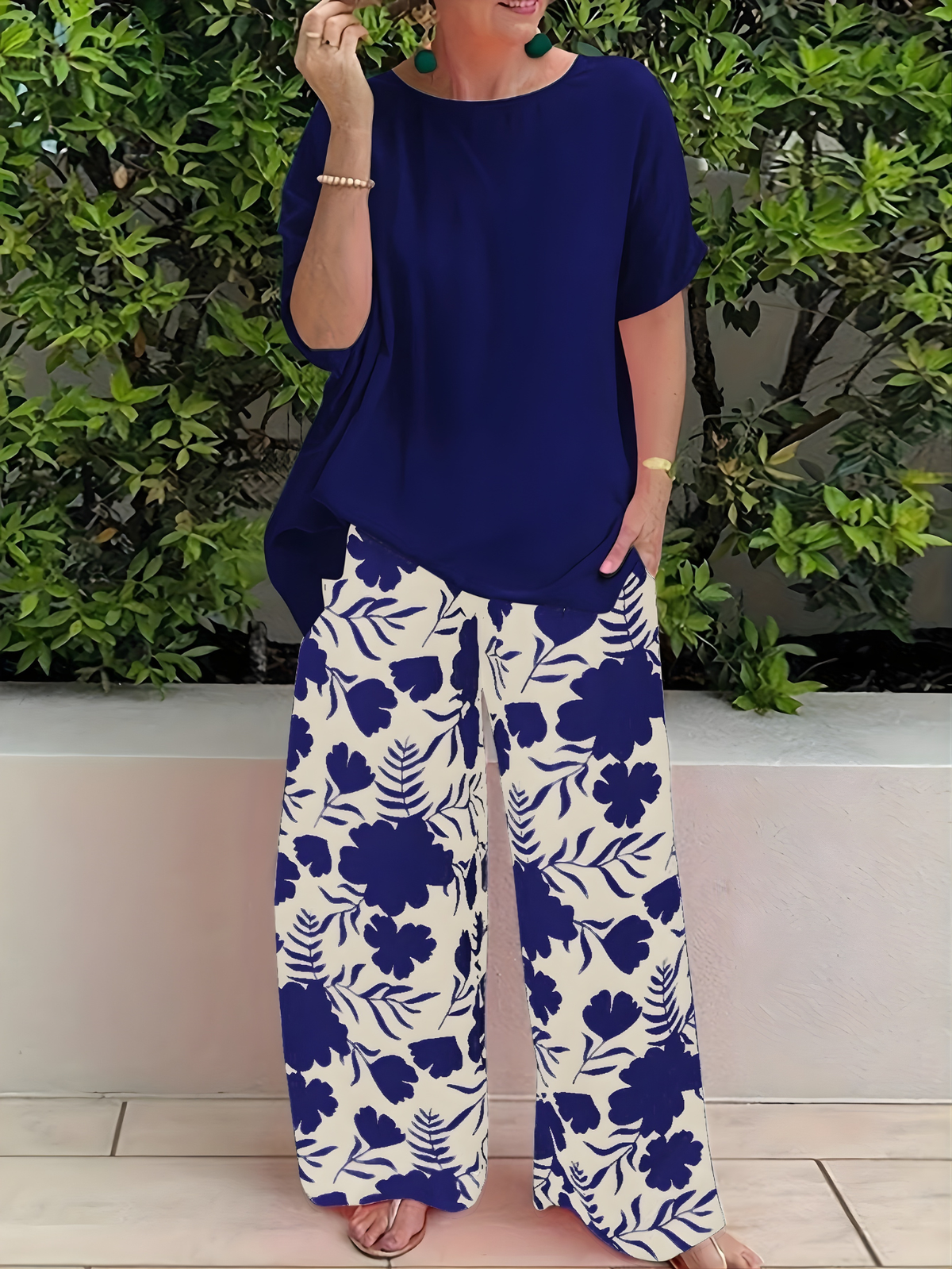 Round Neck Top and Floral Wide Leg Pants Two Piece Set 4