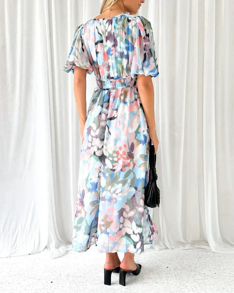 Floral Print V-Neck Long Sleeve Belted Maxi Dress 8