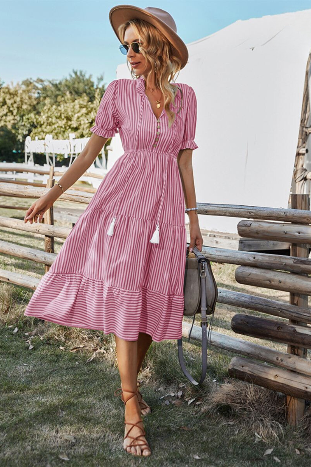 Stripe Print Tiered Drawstring Waist Puff Sleeve Midi Dress - View 4
