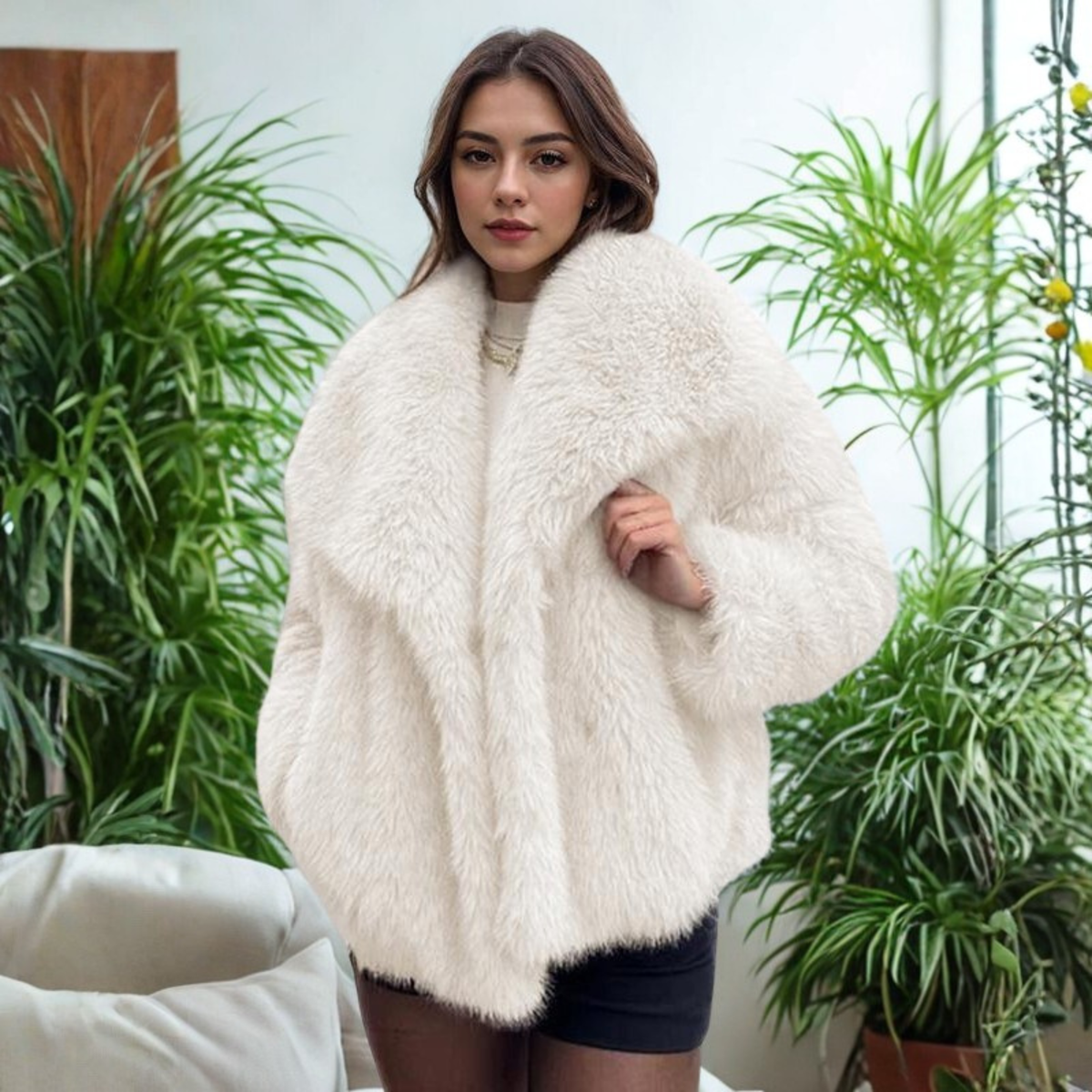 Shawl Collar Faux Fur Cropped Jacket 3