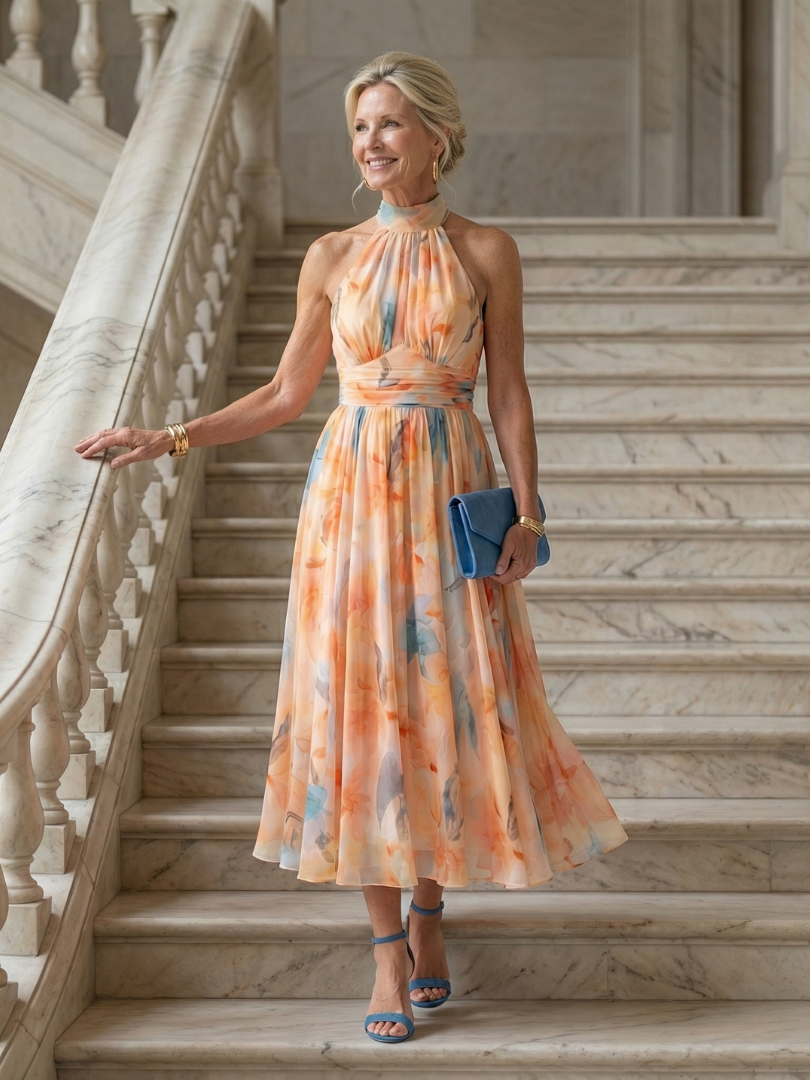 Watercolor Floral Halter Neck Pleated Midi Dress 4