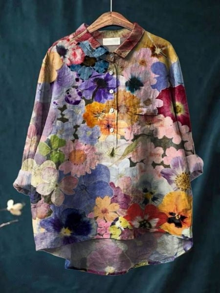 Watercolor Floral Print Long Sleeve Button Blouse 9