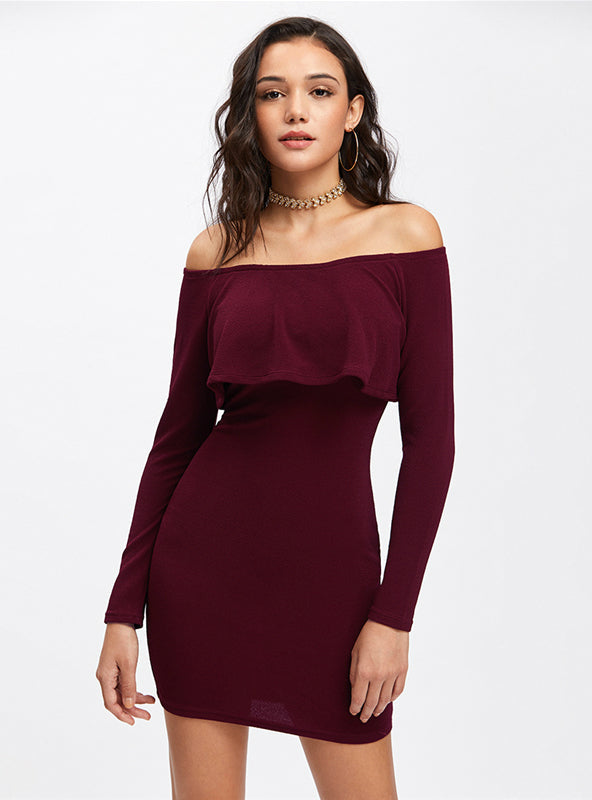 Off Shoulder Ruffle Long Sleeve Bodycon Mini Dress 4