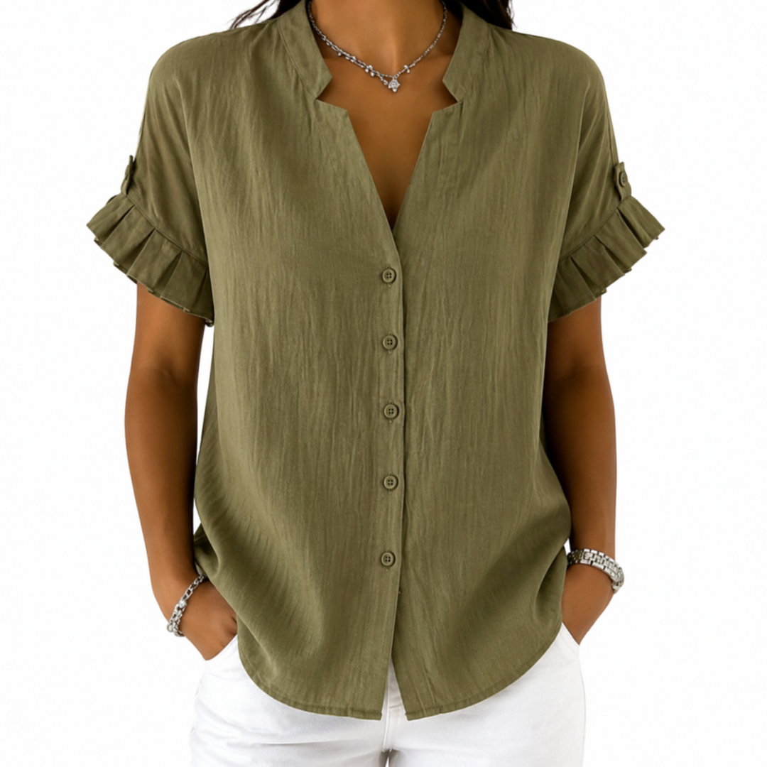 Notch Neck Ruffle Short Sleeve Button Front Blouse 4