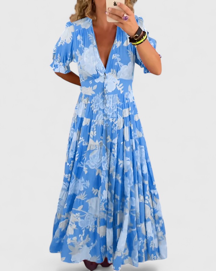 Floral Deep V-Neck Puff Sleeve Tiered Maxi Dress 3