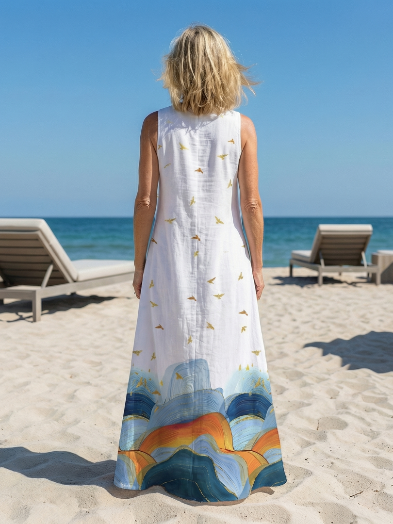 Notch Neck Sleeveless Bird Print Scenic Border Maxi Dress 4