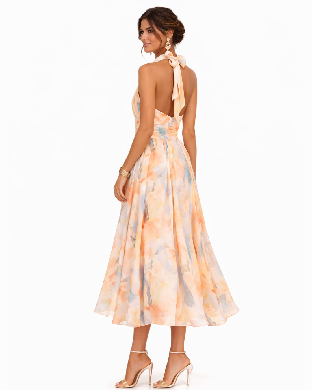 Watercolor Print Halter Neck Fit and Flare Midi Dress 6