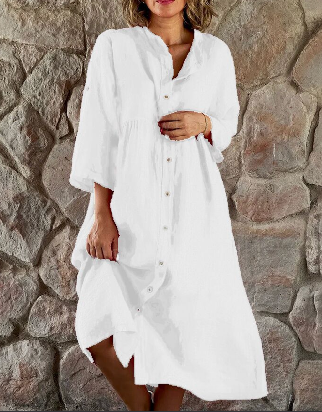 Button Down Three Quarter Sleeve Roll Tab Midi Shirt Dress - View 2
