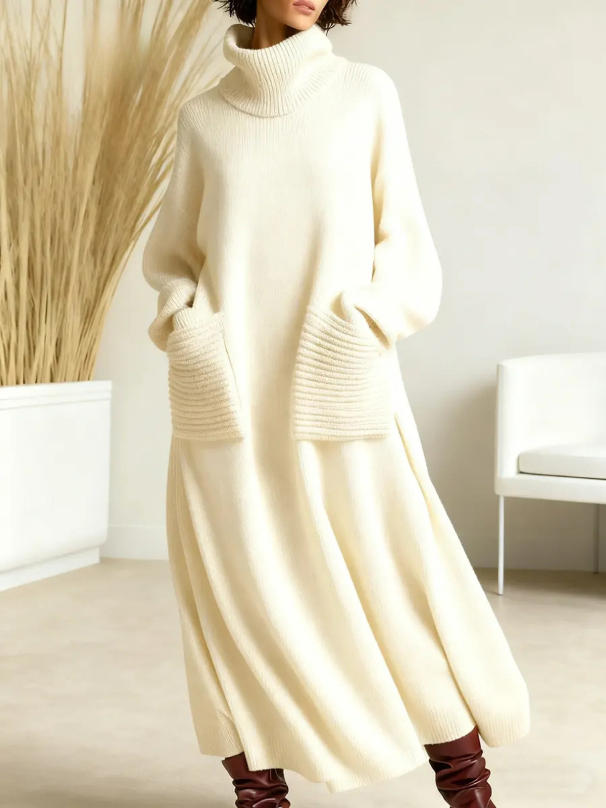 Turtleneck Pocket Knit Maxi Sweater Dress 2
