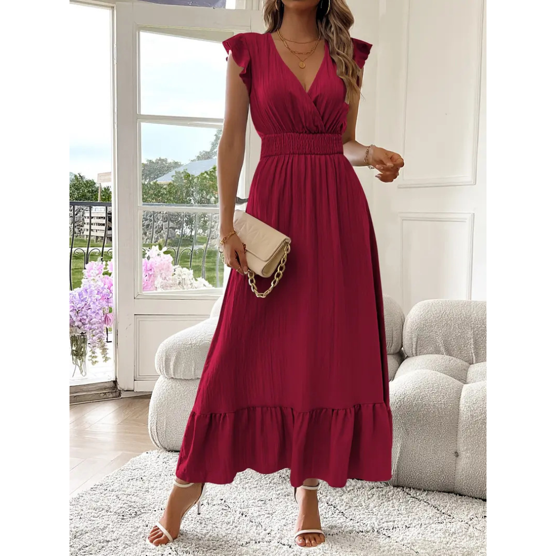 V-Neck Flutter Sleeve Shirred Waist Tiered Maxi Dress 4