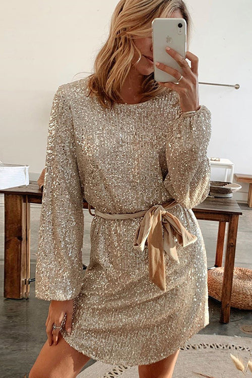 Sequin Bishop Sleeve Tie Waist Mini Dress - View 2