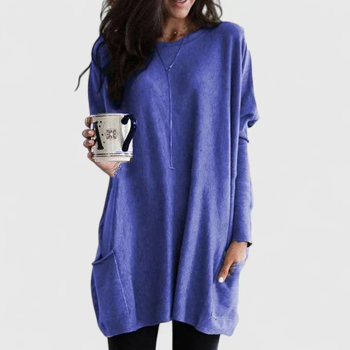 Round Neck Long Sleeve Oversized Pocket Tunic Top 2
