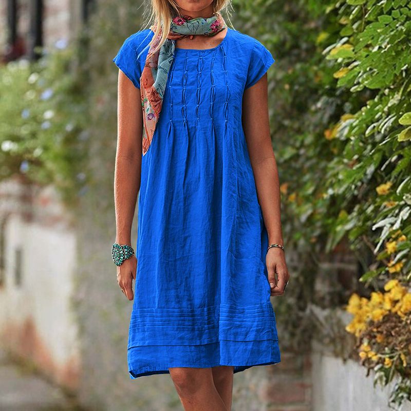 Short Sleeve Pintuck Gathered Front Tiered Band Hem Knee Dress - View 5