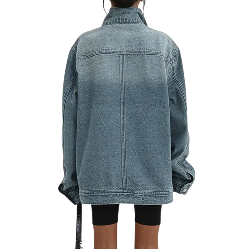 Oversized High Neck Asymmetric Button Denim Jacket 4