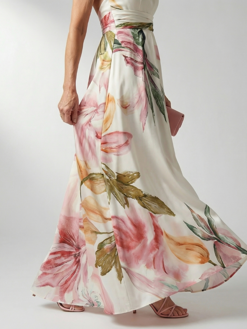 One Shoulder Floral Belted Satin Maxi Dress 3