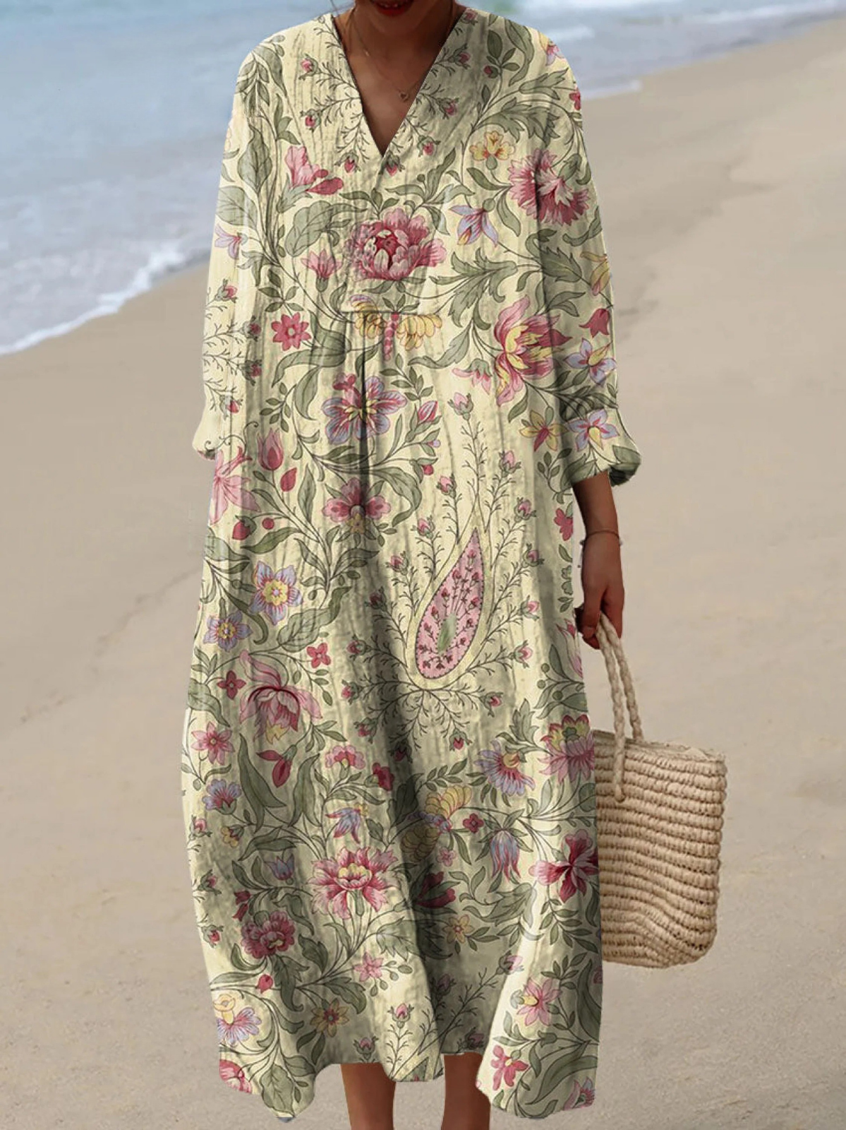 Floral Paisley V-Neck Long Sleeve Kaftan Maxi Dress 5