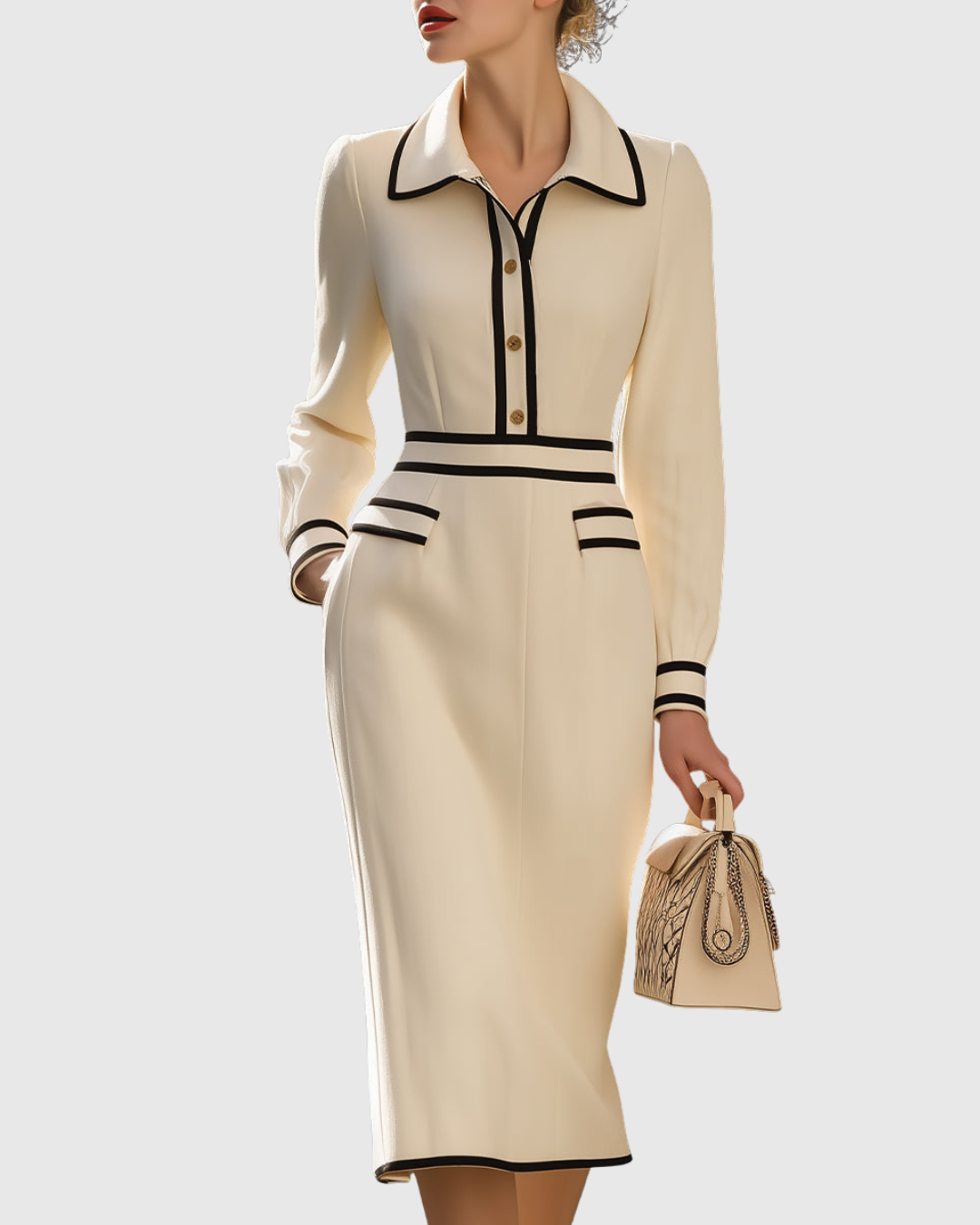 Contrast Trim Collared Long Sleeve Midi Dress 2