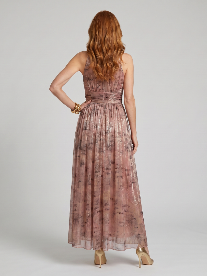 Metallic Shimmer Halter Neck Gathered Waist Maxi Dress 4