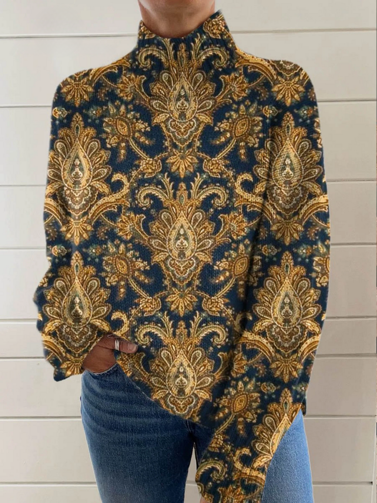 Turtleneck Long Sleeve Paisley Print Knit Sweater