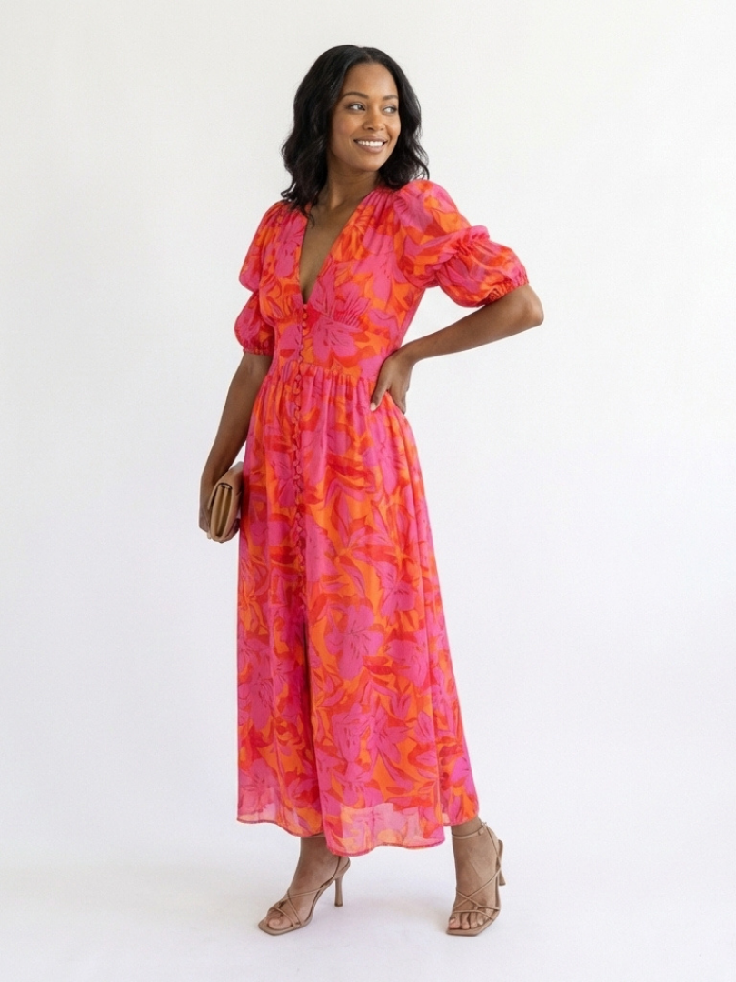 Floral V-Neck Puff Sleeve Button Front Midi Dress 5