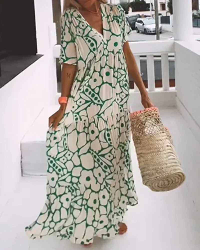 Abstract Floral Print V-Neck Flutter Sleeve Tiered Maxi Dress 5
