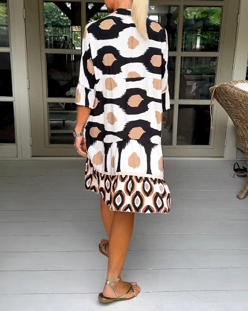 Abstract Geometric Print V-Neck Button Front Tiered Midi Dress - View 5