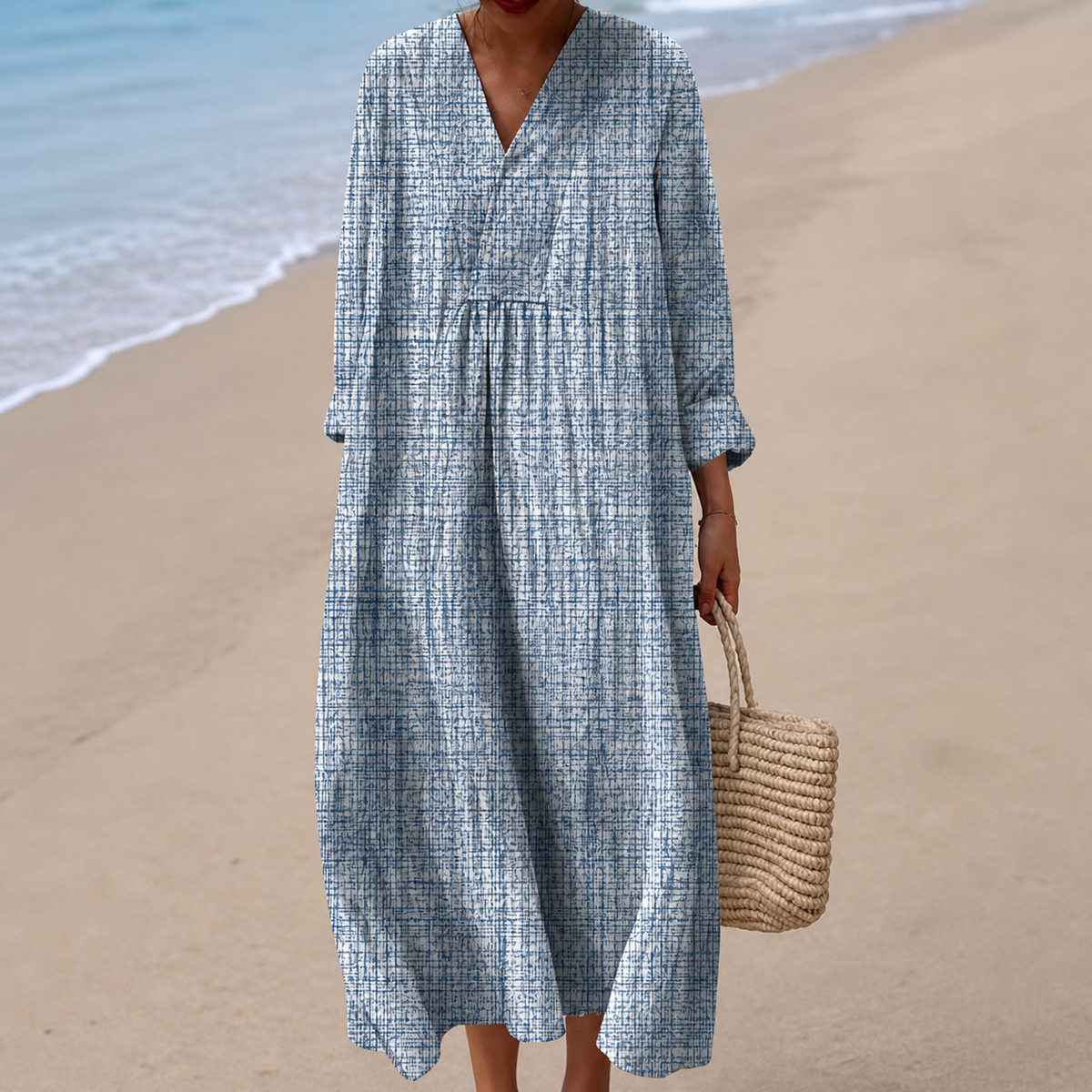 Textured Print V-Neck Long Sleeve Loose Maxi Dress