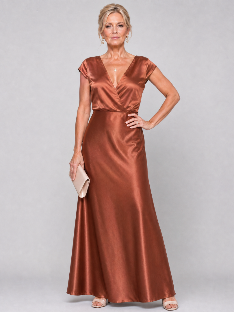 Surplice V-Neck Cap Sleeve Satin Maxi Gown 5