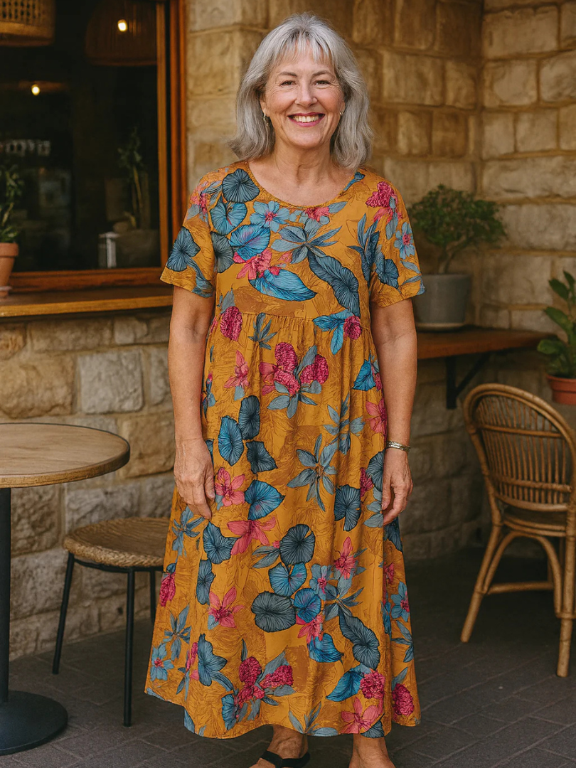 Tropical Floral Round Neck Short Sleeve Maxi Dress 4