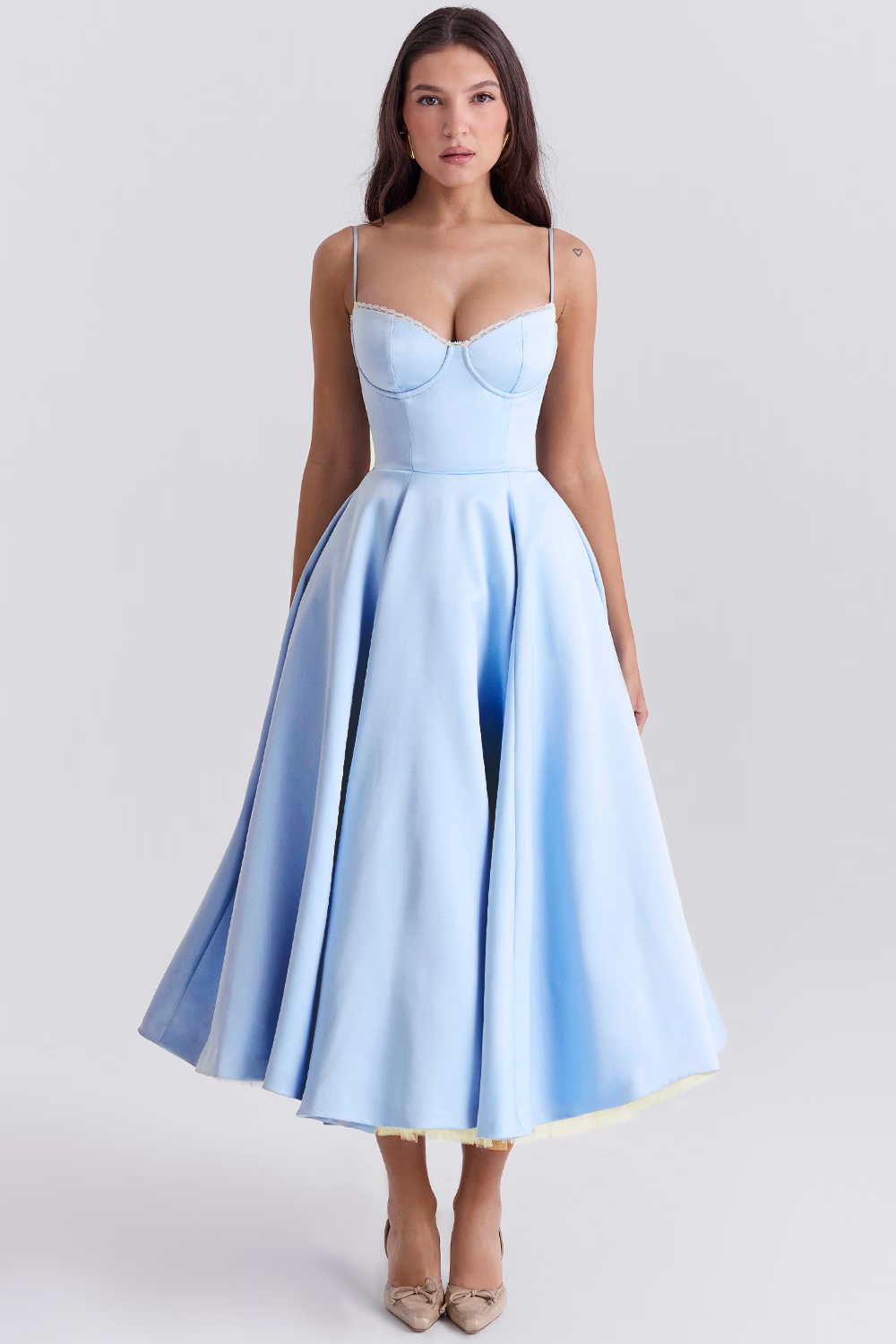 Satin Bustier Sweetheart Lace Trim Pleated Fit and Flare Midi Dress