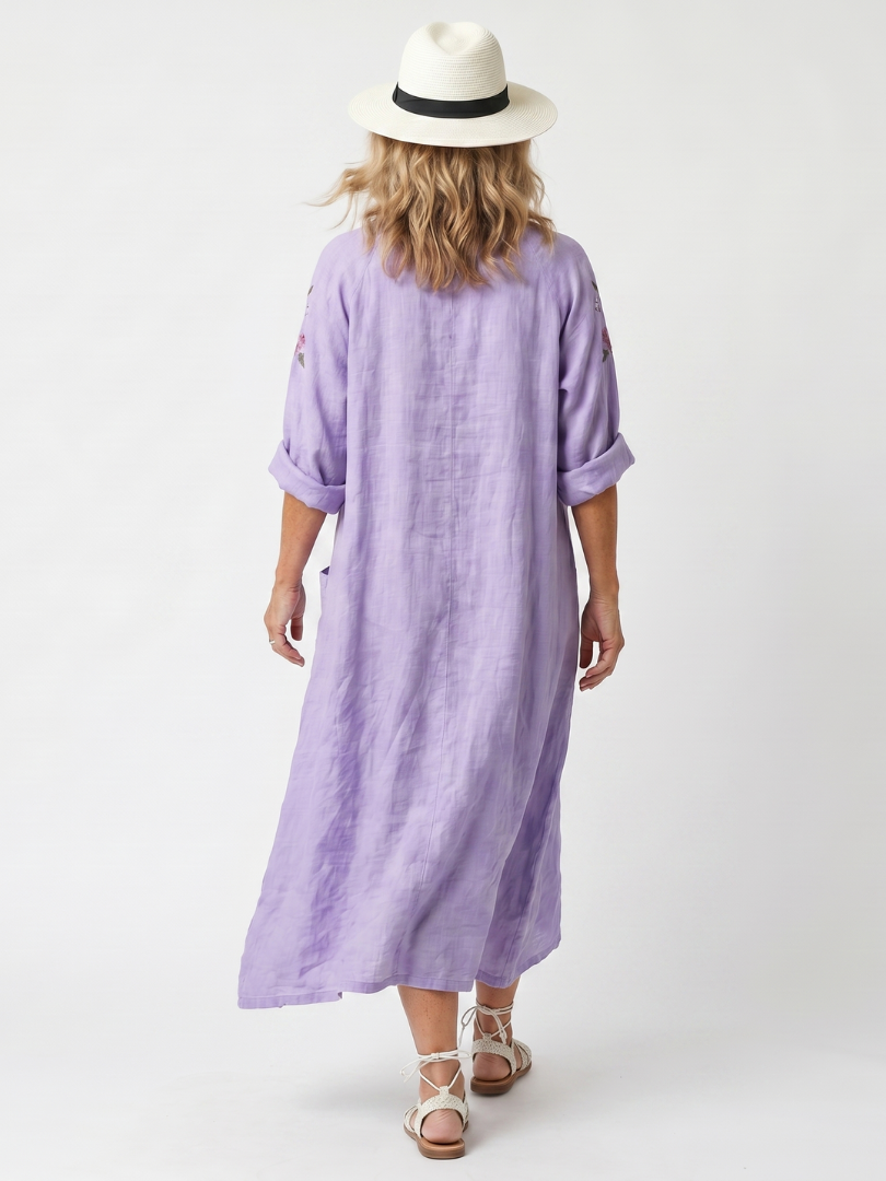 Floral Embroidered V-Neck Rolled Sleeve Pocket Midi Dress 4